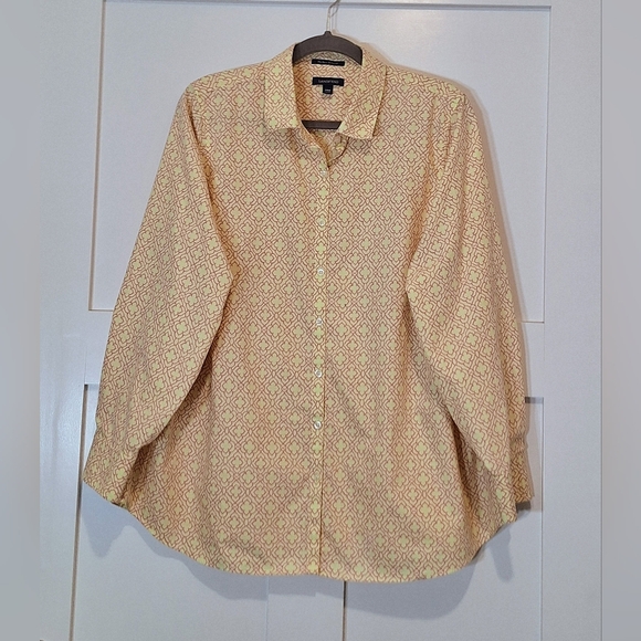 Lands' End Tops - Lands' End No Iron Supima Button Down Cotton Shirt Sz 20W Geometric Yellow Pink